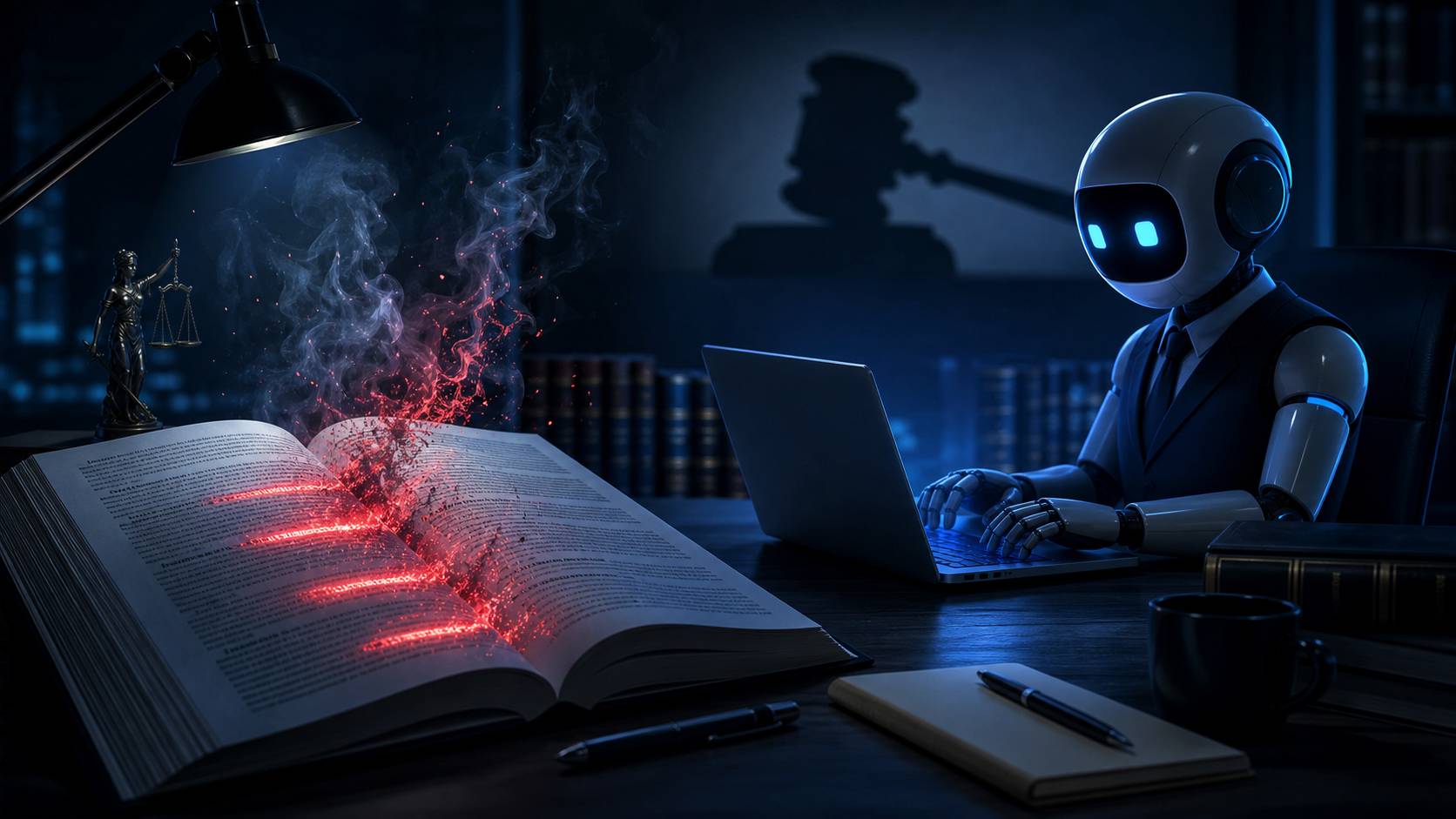A legal brief with citations dissolving into smoke beside a chatbot