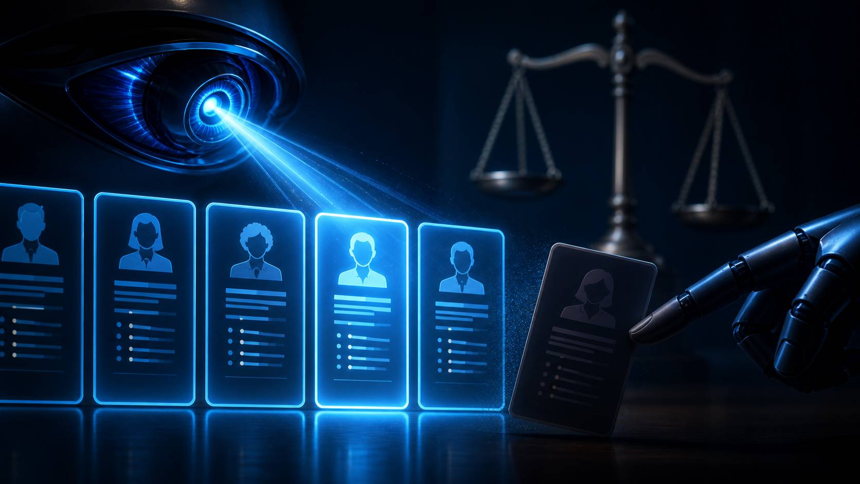 An AI eye scanning resume cards while one is pushed aside