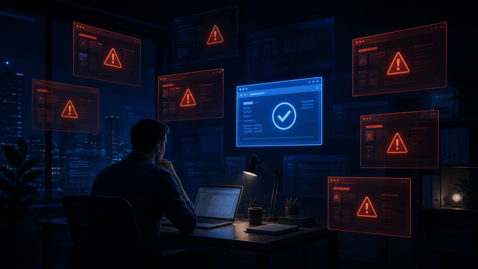Glowing unauthorized app windows surrounding a worker at night