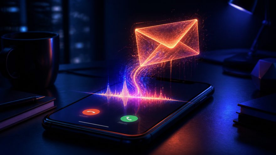 A phone screen where a voice waveform morphs into an urgent email, dark blue glow