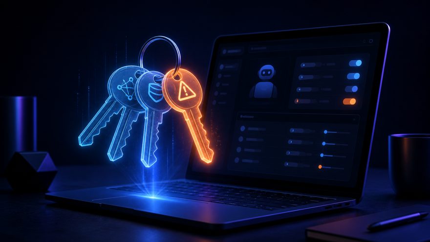 A glowing set of keys hovering over a laptop running an AI agent console, dark blue glow