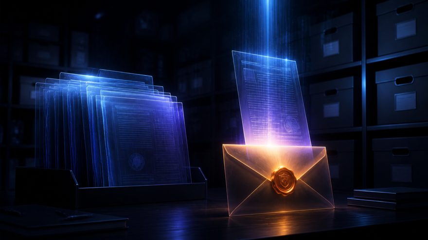A glowing document archive with files being sealed into evidence bags, dark blue glow