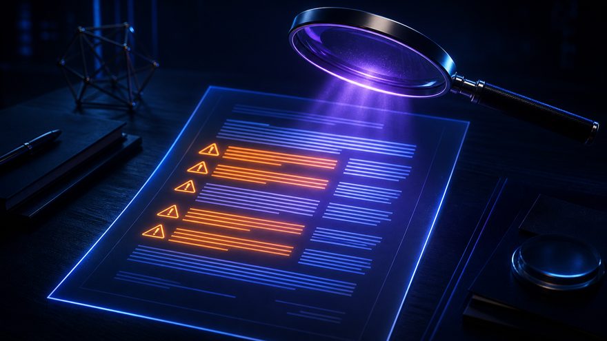 A glowing contract with clauses lighting up under a magnifying lens, dark blue glow
