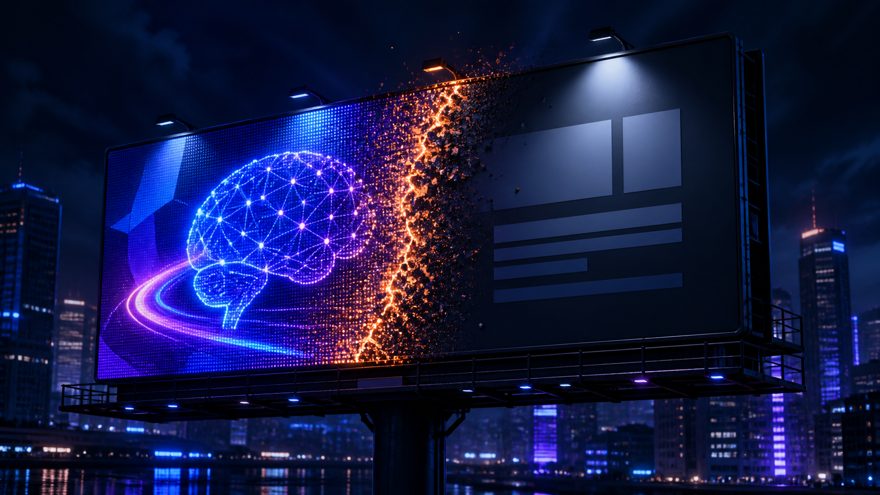 A glowing advertisement billboard with exaggerated claims being washed away to reveal plain truth, dark blue glow