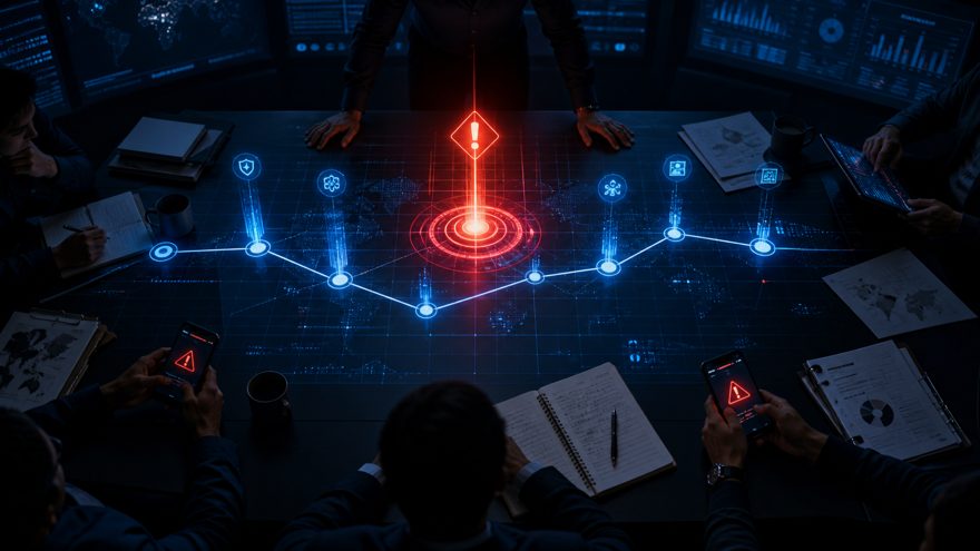 A glowing war-room table with an incident timeline hologram and an alert beacon, dark blue glow