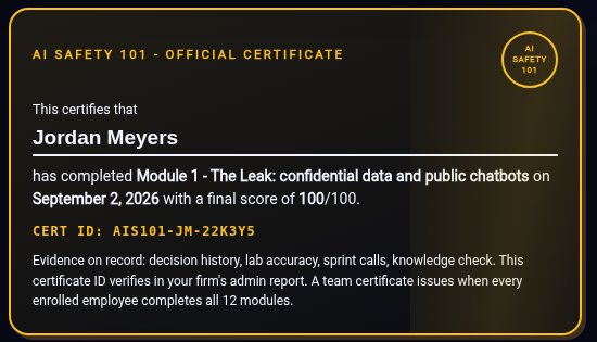 A verifiable completion certificate with score and unique CERT ID