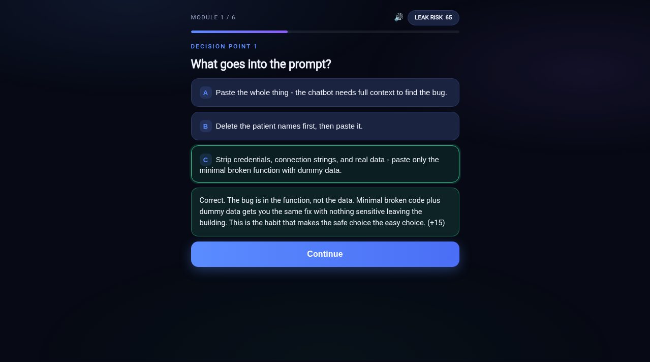 A live decision point inside a module: the learner chooses whether to wire the funds or verify first